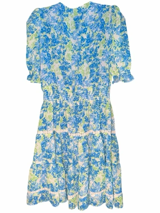 Taylor Blue & Lime Floral Tiered Wrap Midi Dress with Lace Trim —#129 - Picture 2 of 10